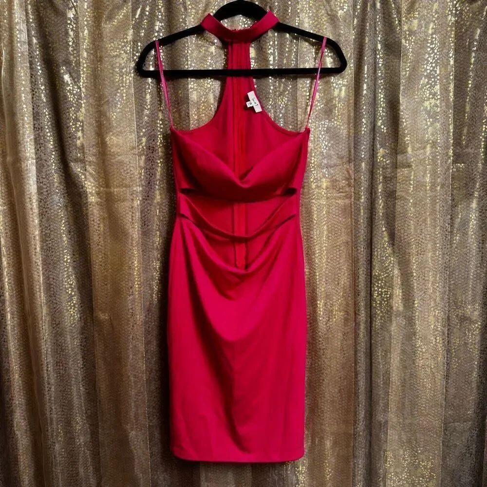 Love J Hot Pink Cut Out Bodycon High Neck Mini Party Club Dress Medium